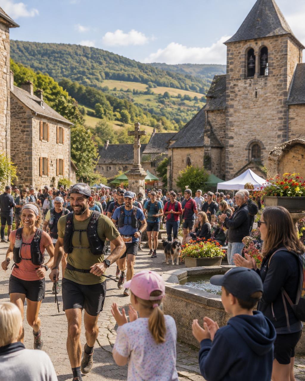 Des coureurs traversent le centre de Marcenat, encouragés par les familles du village en fête